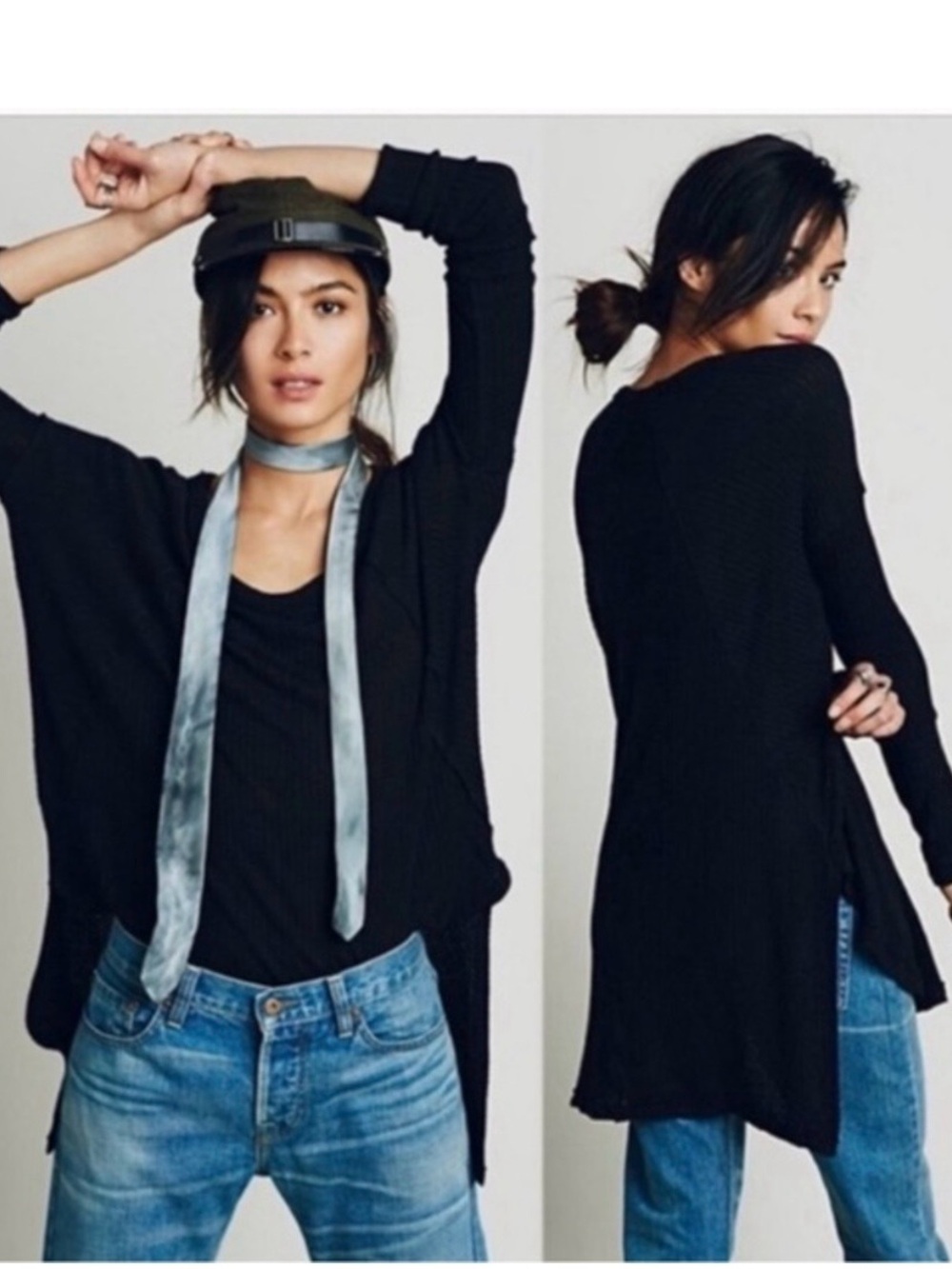 NWOT FREE PEOPLE Tunic, Long Shirt, Thermal Waffle Weave, Black, S